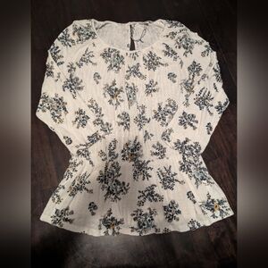 Lucky Brand Floral Print Cream Peplum Top, Keyhole Back Detail Wmns Large NWOT